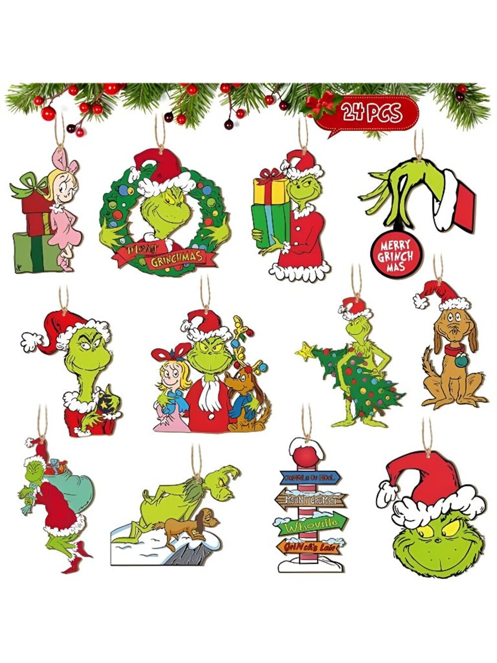 24 pcs Christmas Tree Ornaments, Christmas Wood Ornaments for Tree
